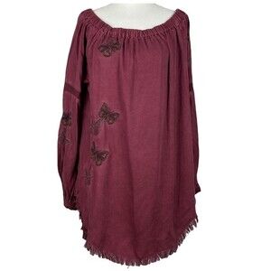 Standard Grace Womens Blouse Size L Burgundy Long Sleeve Butterfly Embroidered